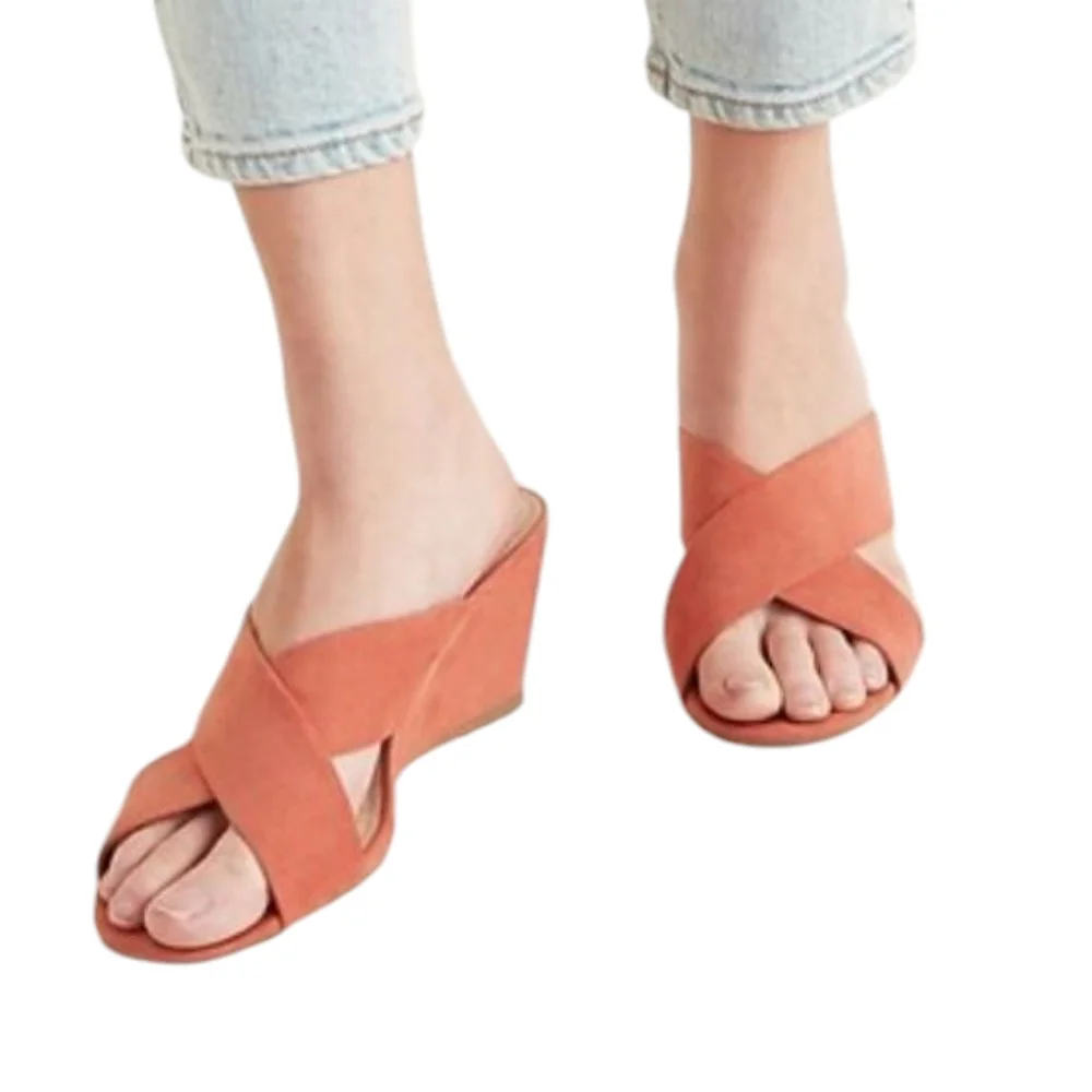 Old Navy Faux Suede Cross Strap‎ Coral Wedge Sandals Slides Desert Rose Orange 8